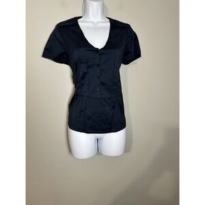 Cotélac French‎ Designer Pleated Structured Peplum Blouse - Navy Blue Size 1 (S)